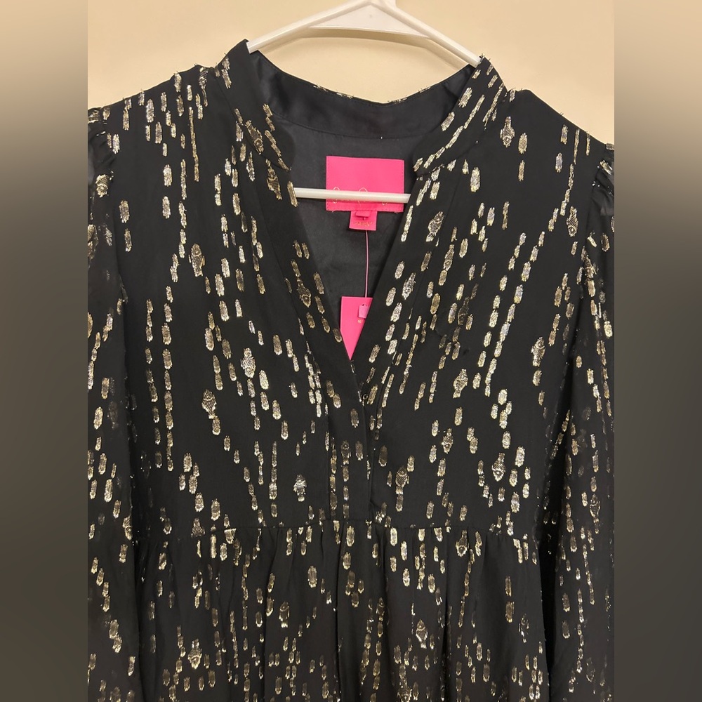 Lilly Pulitzer Winona Silk Swing Dress Onyx Fish Clip Gold Chiffon Size S NWT - Picture 4 of 13